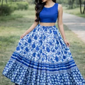 Women Floral Print Flared Blue Skirt
