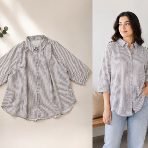 Women's Grey & White Vertical Stripe Cotton Casual Shirt